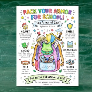May include: A colorful educational poster titled Pack Your Armor For School featuring a backpack filled with a helmet, shield, sword, and breastplate. The text includes The Armor of God, Ephesians 6:10-18, and labels for each item with verses.