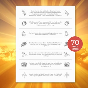 May include: A white print featuring 70 Bible verses with decorative illustrations. The text includes quotes from the books of Peter, John, and Isaiah. A red circle with the words "70 Bible Verses" is also present.