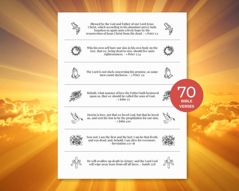 May include: A white print featuring 70 Bible verses with decorative illustrations. The text includes quotes from the books of Peter, John, and Isaiah. A red circle with the words "70 Bible Verses" is also present.
