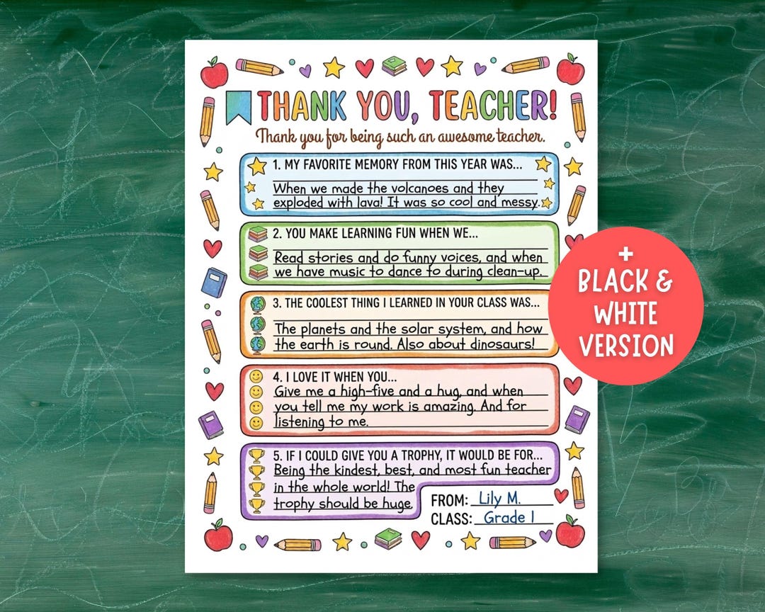 Teacher Appreciation Letter From Student, Printable Thank You Note for ...