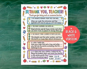 Teacher Appreciation Letter from Student, Printable Thank You Note for Teacher Appreciation Week, Kids Fill-in-the-Blank Gift, Instant PDF