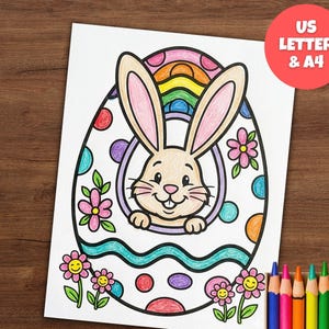 May include: A colouring page depicting a cartoon rabbit emerging from a decorated Easter egg. The egg is decorated with colourful polka dots, flowers, and a rainbow. The text "US LETTER & A4" is in a red circle. Colouring pencils are at the bottom.