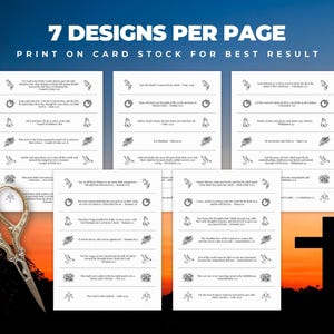 May include: Seven designs per page of Bible verses printed on card stock. The image shows several white rectangular cards with black text and illustrations. A pair of gold scissors is on the left, and a black cross is on the right.