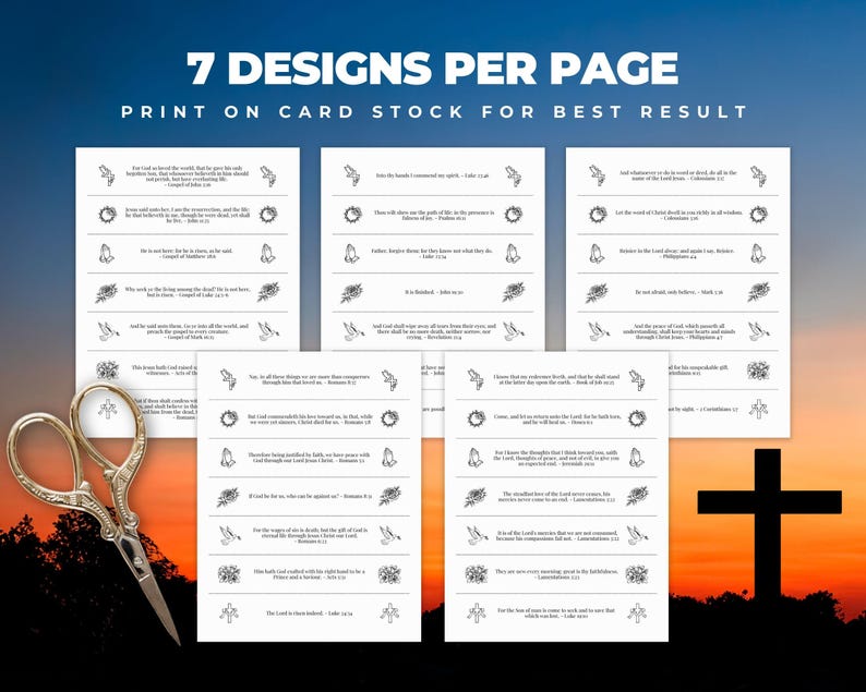 May include: Seven designs per page of Bible verses printed on card stock. The image shows several white rectangular cards with black text and illustrations. A pair of gold scissors is on the left, and a black cross is on the right.