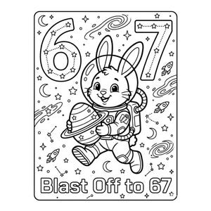 Página para colorear de 67 memes de conejo espacial, conejo astronauta imprimible, arte numérico del espacio exterior 6/7, lindo huevo de Pascua alienígena, actividad infantil
