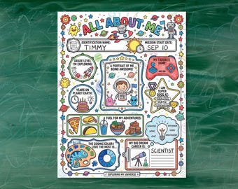 All About Me Preschool Page, Kids Worksheet, First Day of School Coloring Page, Kids Classroom Activity, Kindergarten Template Questions