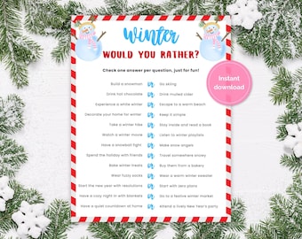 May include: A printable winter-themed "Would You Rather?" game with a red and white striped border. The game features a blue watercolor snowman and the text "Winter Would You Rather?" with various winter activity options.