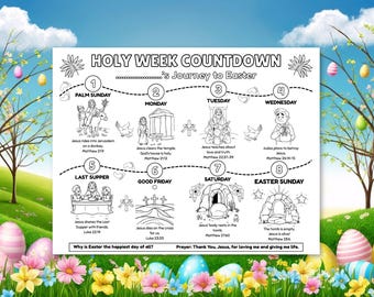Holy Week Countdown Coloring Page Printable, Easter Bible Story Timeline Coloring, Sunday School, Kids Bible Study, He Is Risen, LDS