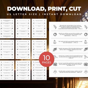 May include: A collection of printable Bible verses on white paper. The text includes religious quotes and symbols. The words "DOWNLOAD, PRINT, CUT" are at the top, with "US LETTER SIZE | INSTANT DOWNLOAD" below.