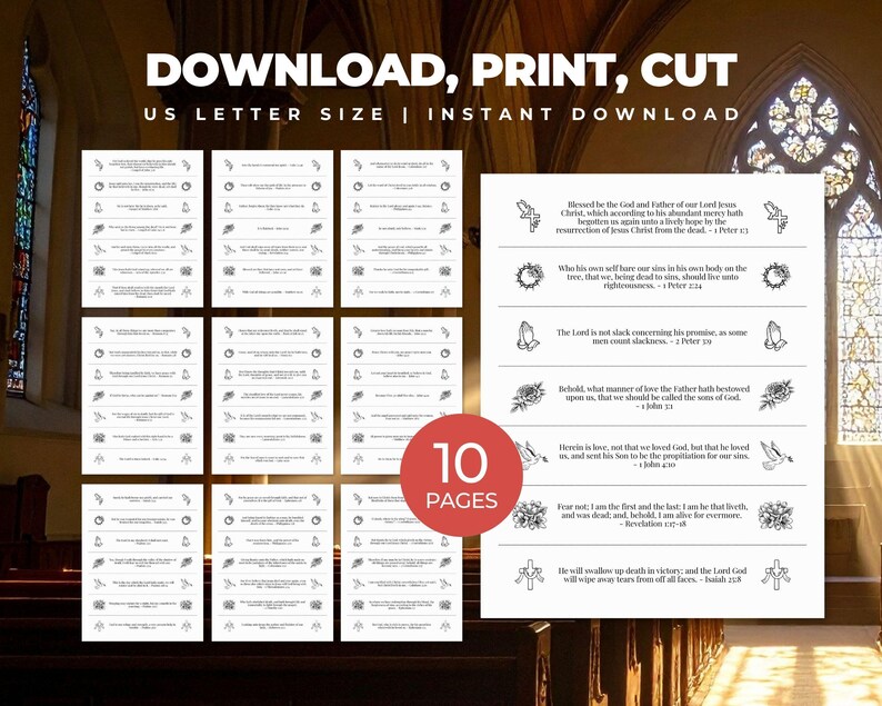May include: A collection of printable Bible verses on white paper. The text includes religious quotes and symbols. The words "DOWNLOAD, PRINT, CUT" are at the top, with "US LETTER SIZE | INSTANT DOWNLOAD" below.