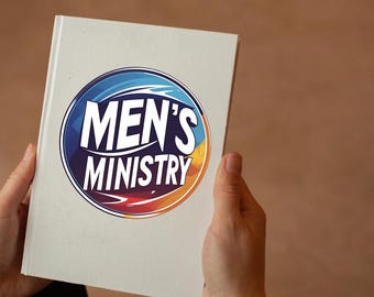 May include: A white book with the words "MEN'S MINISTRY" in a blue, orange, and yellow circular design. The book is held by two hands against a brown background.
