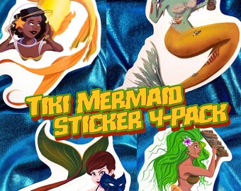 Tiki Mermaids Die-Cut Cocktail Sticker Decal 4-Pack