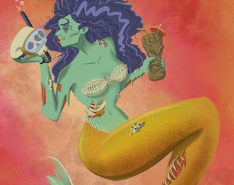 Zombie Tiki Cocktail Mermaid 8x10 print