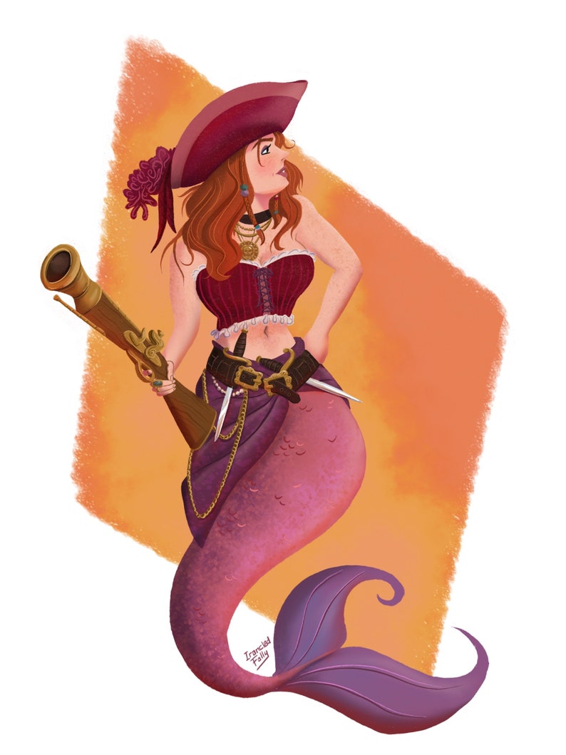 Red Caribbean Pirate Mermaid art print image 1