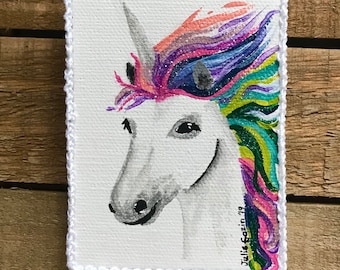 Rainbow Unicorn Ornament, Unicorn, Rainbow Unicorn, Christmas Ornament, Tiny Canvas Unicorn, Girls Gift, Shoebox Gift, Handpainted Ornament