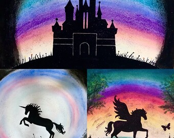 Pegasus Painting, Fantasy Kids Art, Rainbow Art, Unicorn, Pastel Artwork, Fantasy Art, Silhouette Pegasus, Castle Artwork