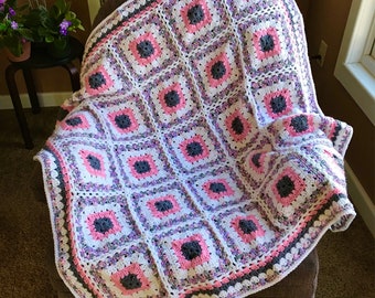 Baby Blanket, Pink & Gray Baby Blanket, Baby Travel Blankie, Pink White And Gray Baby Blanket, Granny Square Baby Blanket, Lap Blanket