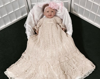 Elegant Baptismal Gown, Elegant Christening Gown, Ecru Baby Gown With Slip, Long Baptismal Gown, Ecru Crocheted Baptismal Gown, Baby Gown