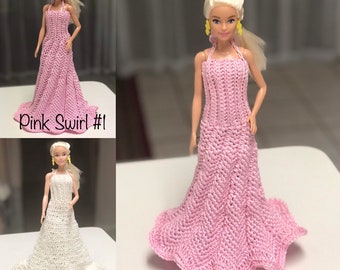 Fashion Doll Dresses, Handmade Doll dresses, Doll Fashion Gowns, Full-Length Doll Dresses, Crocheted 12 in. Doll Dresses, Doll Dresses