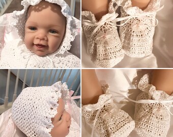 White Baby Bonnet, White Baby Booties, Christening Set, Christening Bonnet & Booties, Baptismal Set, Baptismal Bonnet, Baptismal Booties