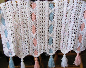 White Baby Blanket, Pink & Blue Baby Blanket, Baby Afghan, Baby Shower Gift, Ribbons Baby Blanket, New Baby Blanket
