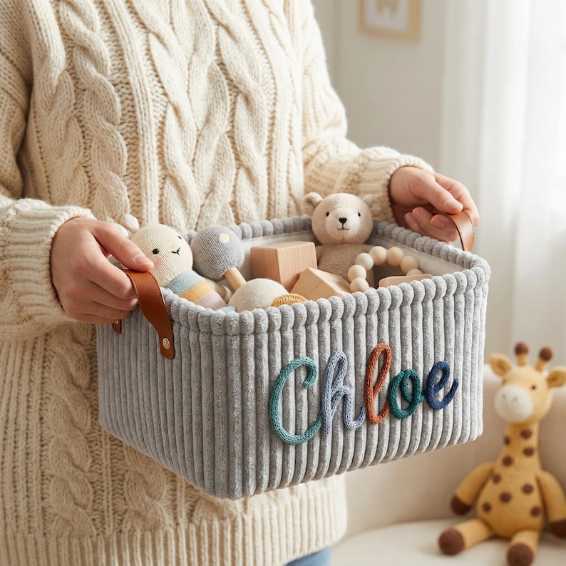 May include: A rectangular gray corduroy storage basket featuring brown leather handles and the name Chloe embroidered in colorful yarn letters on the front. The basket is filled with various small wooden and plush toys.