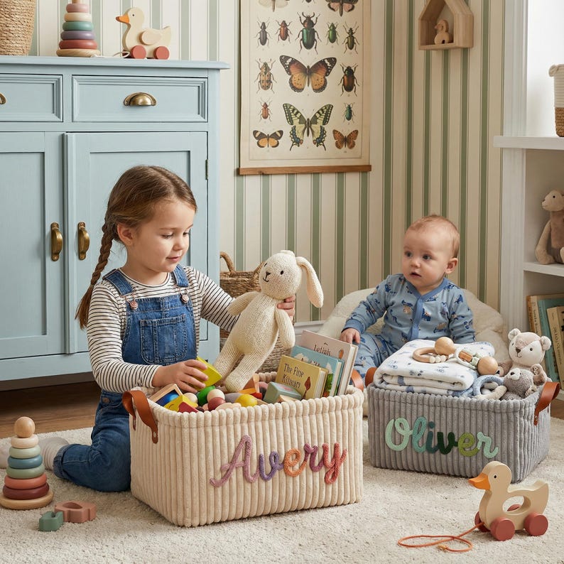 May include: Two rectangular corduroy storage baskets with leather handles. One cream basket features the name Avery in embroidered script, and one gray basket features the name Oliver in embroidered script, both filled with toys.