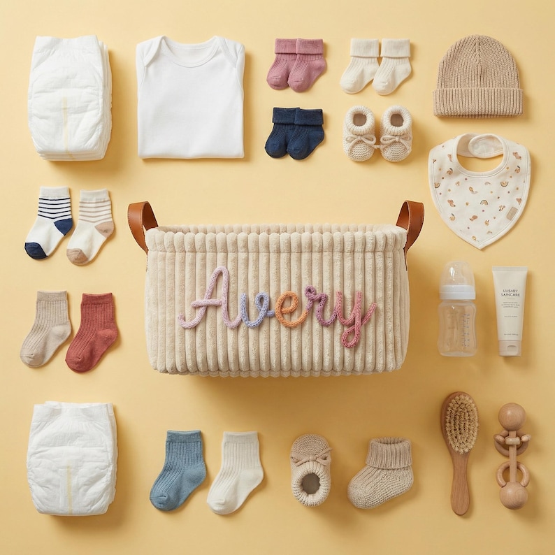 May include: A beige corduroy storage basket with the name Avery in colorful yarn letters, surrounded by baby items including diapers, a white onesie, various knit socks, booties, a beanie, a patterned bib, a bottle, lotion, a brush, and a rattle.