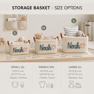 May include: Three cream-colored corduroy storage baskets with brown leather handles, labeled 'Noah' in blue script with a pink heart. Sizes include small (12x8x5 inches), medium (14x10x6 inches), and large (16x12x8 inches) for organizing items.