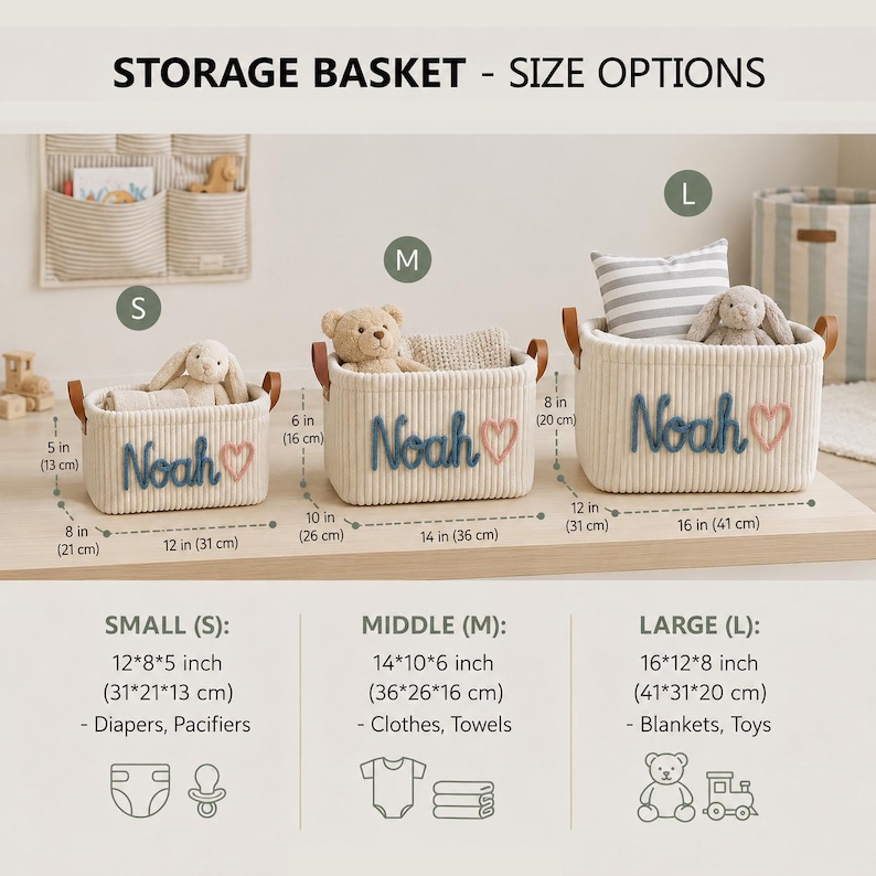 May include: Three cream-colored corduroy storage baskets with brown leather handles, labeled 'Noah' in blue script with a pink heart. Sizes include small (12x8x5 inches), medium (14x10x6 inches), and large (16x12x8 inches) for organizing items.