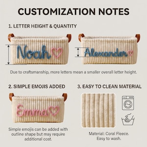 May include: A beige corduroy storage basket with customizable yarn names and heart icons. The image displays customization notes, letter height variations, emoji options, and coral fleece material cleaning instructions.