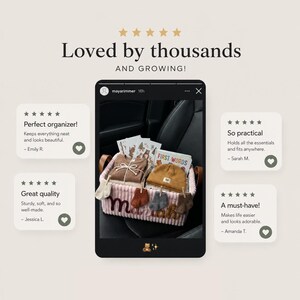 May include: A light pink corduroy storage basket with the name Mariah embroidered in dark brown script. The basket contains folded baby clothing, a mustard yellow knit beanie, and small socks clipped to the rim. Text includes Loved by thousands, First Words, and various customer reviews.