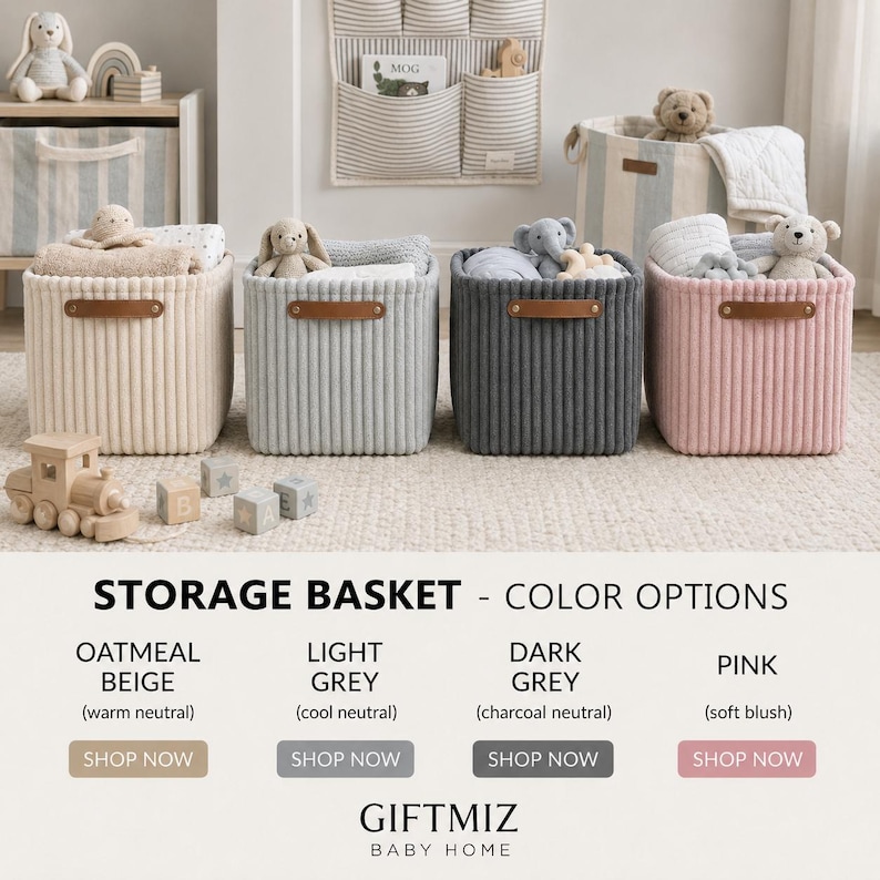 May include: Four square storage baskets with vertical ribbed texture and brown leather-like handles. Colors include oatmeal beige, light grey, dark grey, and pink. Each basket contains plush toys and blankets. Text reads: STORAGE BASKET - COLOR OPTIONS.