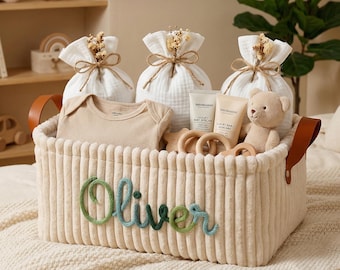 Cesta de almacenamiento para bebé con bordado personalizado - Caja de juguetes con nombre bordado a medida - Regalo para baby shower - Arte de alambre tejido