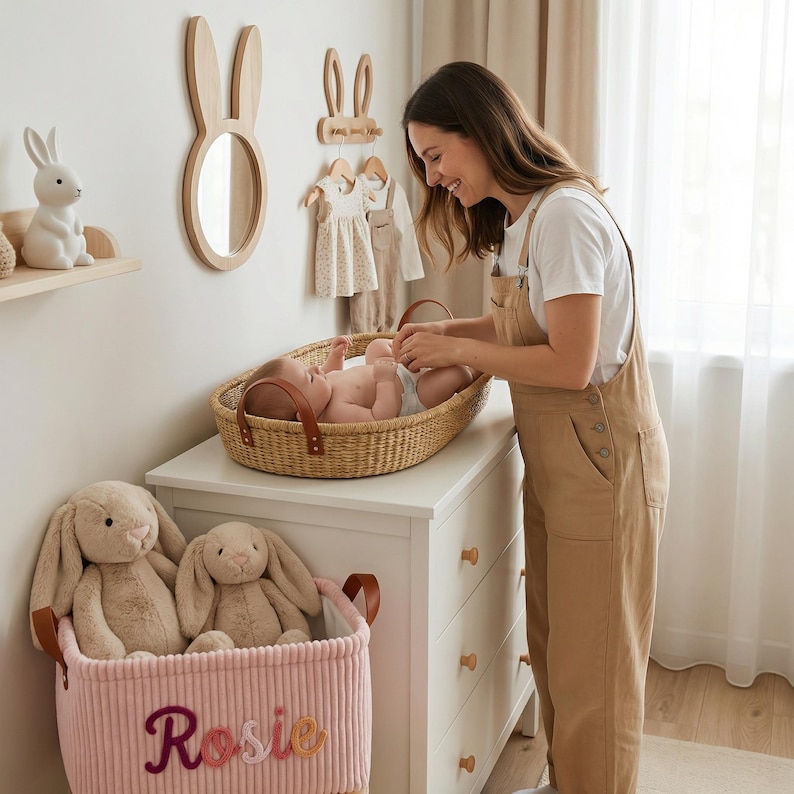 May include: A woven wicker changing basket with brown leather handles sits on a white dresser. A pink corduroy storage basket with the name Rosie embroidered on the front holds two beige plush rabbit toys. A white rabbit lamp is on a shelf.