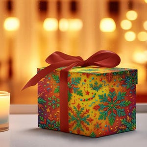 Festive Neon Snowflake Wrapping Paper – Bright Holiday Gift Wrap with Red Ribbon – Colorful Christmas Paper Wrapping paper roll