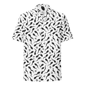 May include: White button-up shirt with a black sperm cell pattern. The short-sleeved shirt has a camp collar and a button-down front. The shirt is made of a lightweight fabric and is suitable for casual wear.