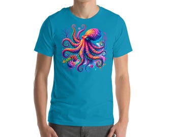 Psychedelic Octopus T-Shirt: Vibrant Deep Sea Art, Unisex Cotton Tee