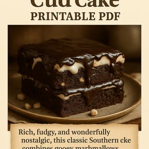 May include: A two-layer Mississippi Mud Cake with chocolate frosting and marshmallow filling, served on a plate. The image includes text that reads "Mississippi Mud Cud Cake PRINTABLE PDF" and "From Mimi's Kitchen."
