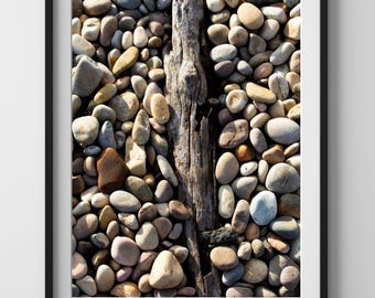 Drijfhout, rotsstrand, natuurfotografie, digitale posterprint downloaden, kunst aan de muur