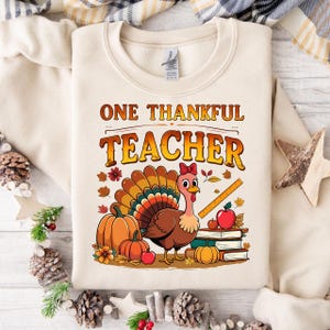 One Thankful Teacher Thanksgiving Retro Groovy Fall Teachers Png, ,Fall Teacher Png, Pumpkin Png, Western, Thankful Png, Thanksgiving Turkey