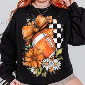 Fall Checker Football Png, Game Day Png Fall Vibes Png, Autumn Png Boho Floral Football Png Touchdown Season Png, Coquette Football Bow Png