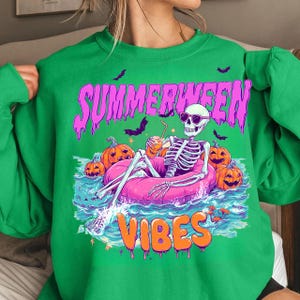 Summerween Vibes PNG, Funny Skeleton Float Halloween in Summer png, Trendy Sublimation Spooky Flamingo Pool Ghost Pumpkins Creepy png