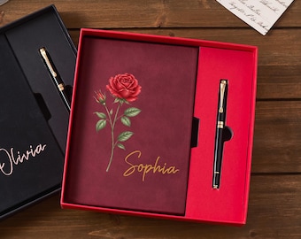 Personalized Birth Flower Notebook, Leather Journal Set, Notebook with Pen, Teacher Appreciation Gift, 1st Year Teachers, Funny Teacher Gift