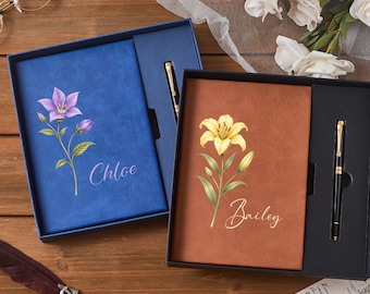 Personalized Birth Flower Notebook, Leather Journal Set, Notebook with Pen, A5 notebook,Teacher Gift Set, Birthday Gift Box, Graduation Gift