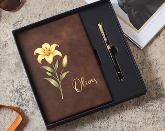 Personalized Notebook with Pen, Leather Journal Set, Birth Flower Notebook with Pen, Teacher Gift Set, Birthday Gift Box, Graduation Gift