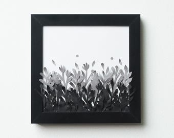 Monochrome Botanical Paper Art | Hand Cut Framed Original | Minimalist Nature Wall Decor | Scrinkl