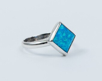 blue opal ring ,handmade ring, square ring, dainty ring,  october birthstone, opal jewelry,  made in israel