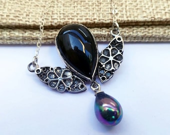 Black Onyx & Pearl Sterling Silver Filigree Necklace, 16 inch