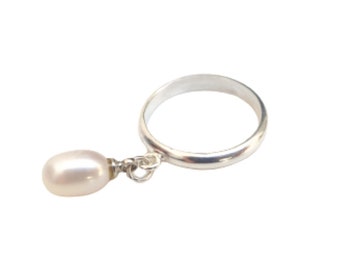 Ring met hangende bedel natuurlijke parel sterlingzilver 925, bedelring bedel, sterlingzilveren bedelring, bengelende bedelring